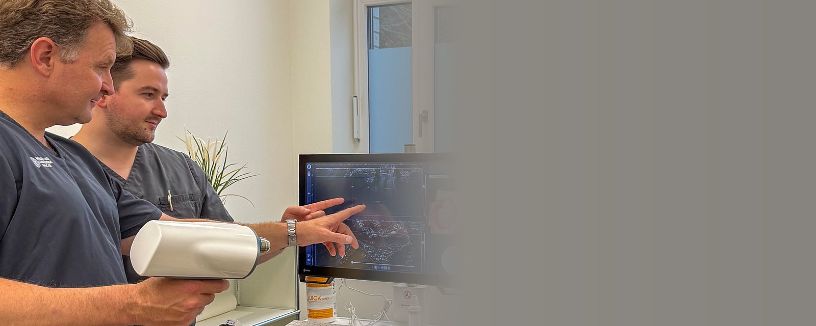 Dr. Wahn und ein Kollege besprechen deepLive-Aufnahmen (LC-OCT) am Monitor
